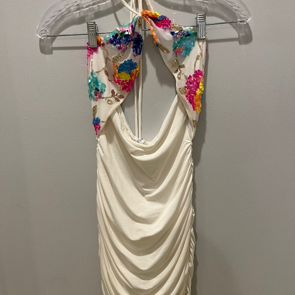 Ilene Ruched Sequin Bodycon Dress in White